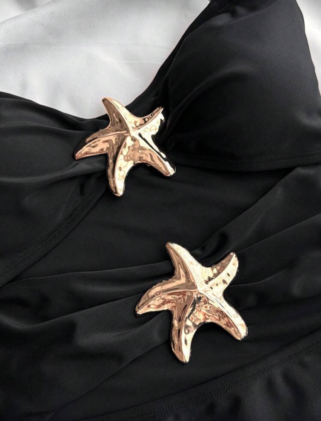 SHEIN Teen Girls Black 1pc Detachable Strap Hollow Starfish Accent Ruched One-Piece Swimsuit Summer,Beach - 15Years