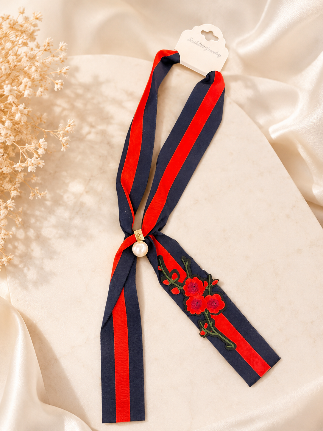 Navy & Red Striped Floral Embroidered Ribbon Scarf