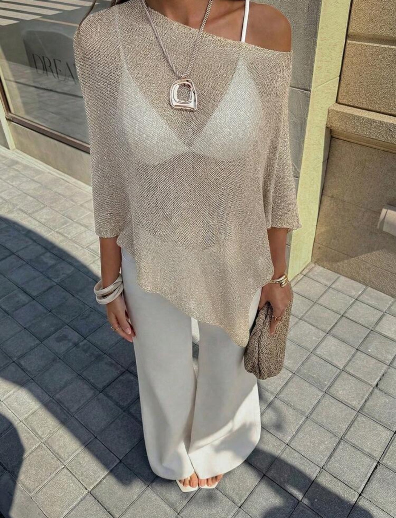 FOR BEAUTY Women's Summer New Knit Top, Casual Style, Solid Gold Loose Shawl Cover Up, Bohemian Style, Suitable For Beach And Vacation - M,L