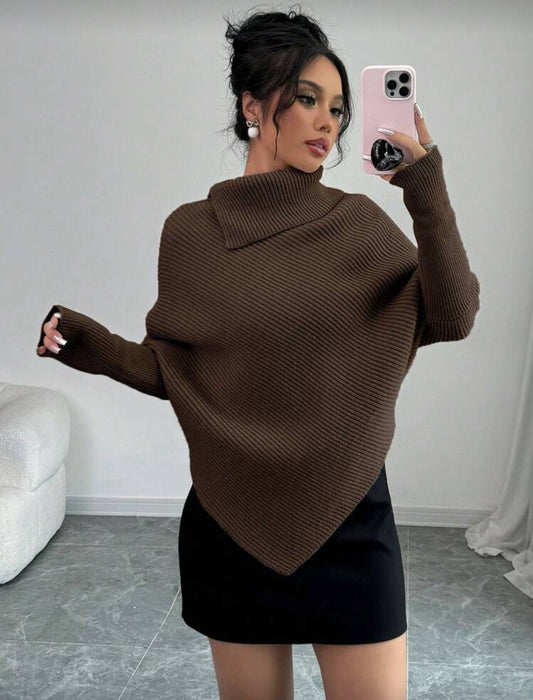 Selianne Women Versatile Solid Color High Neck Asymmetrical Batwing Hem Classic Sweater Top, Holiday & Vacation Wear Fall Winter - Medium