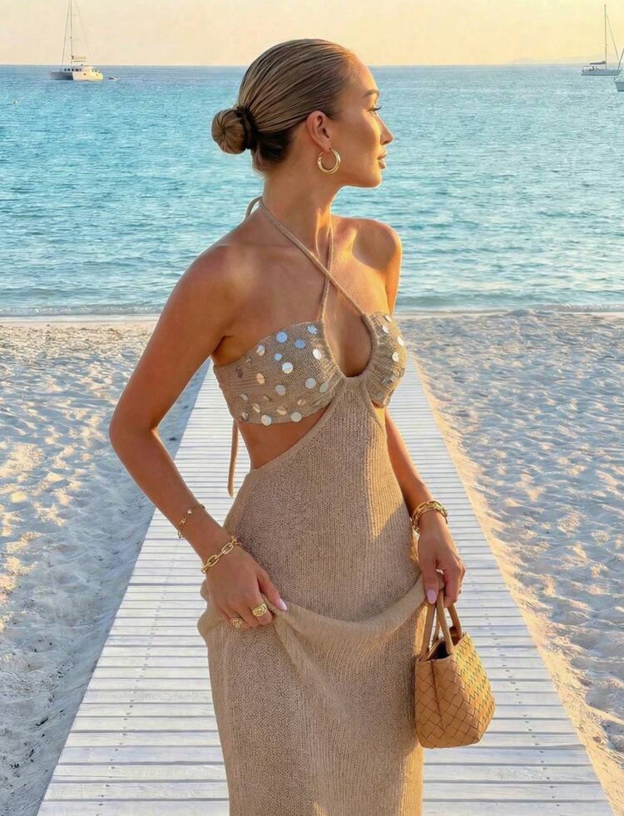 FOR BEAUTY Summer Women's Bohemian Glitter Sequin Coffee-Tone Halter Dress, Sleeveless Bandeau Backless Cami Dress,Beach Vacation Dress,Summer Dress - M