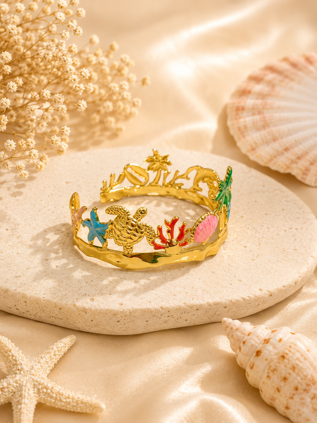Stainless Steel Ocean Charm Cuff Bracelet – Gold Coastal Open Bangle