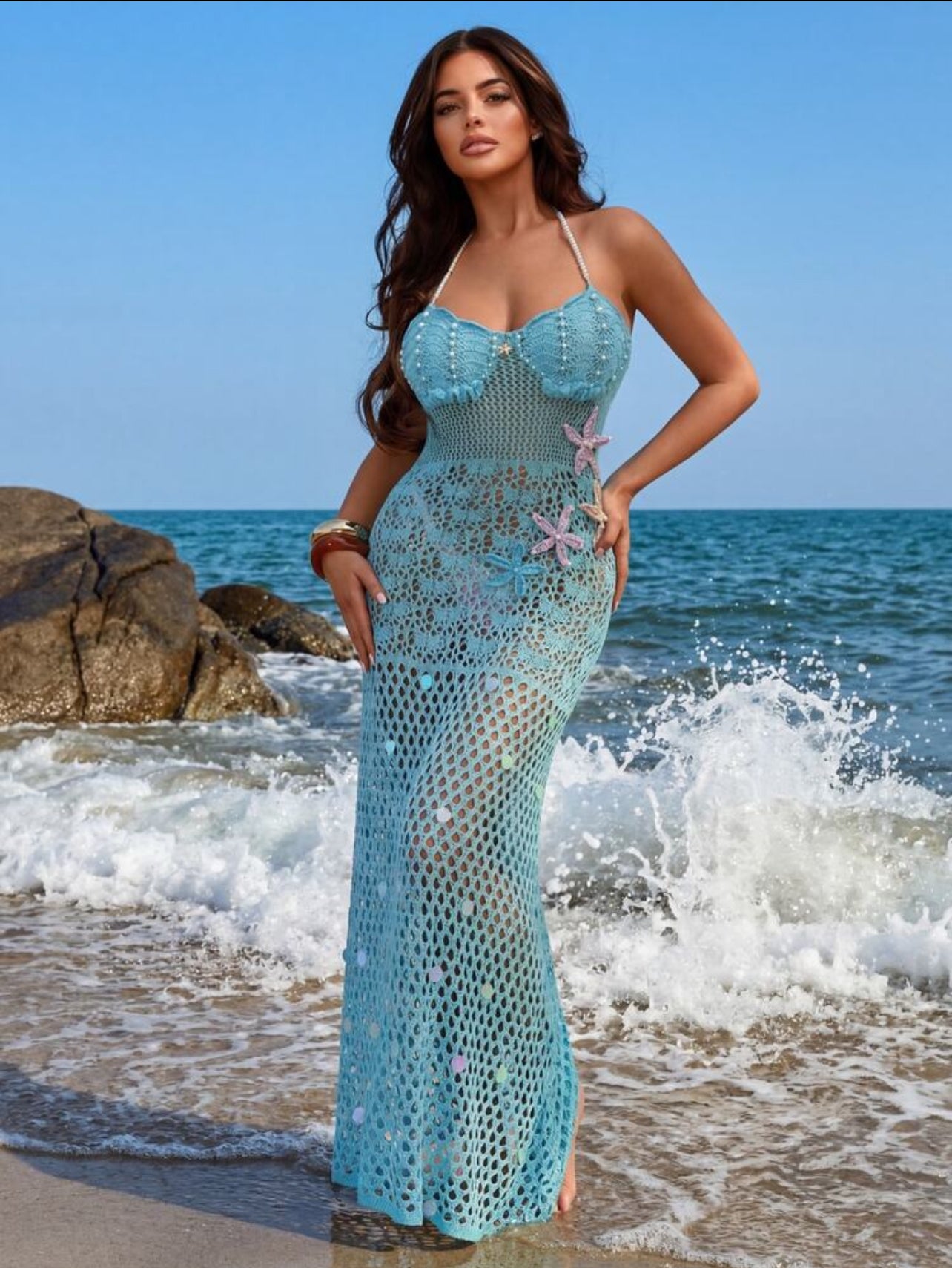 Swim SXY Light Blue Hollow Knit Halter Neck Tie Sexy Backless Cup Top Handmade Crochet Hem Wide Body Handmade Pearl Flower Embellishment Sexy Mermaid Series Women's Cover-Up Dress