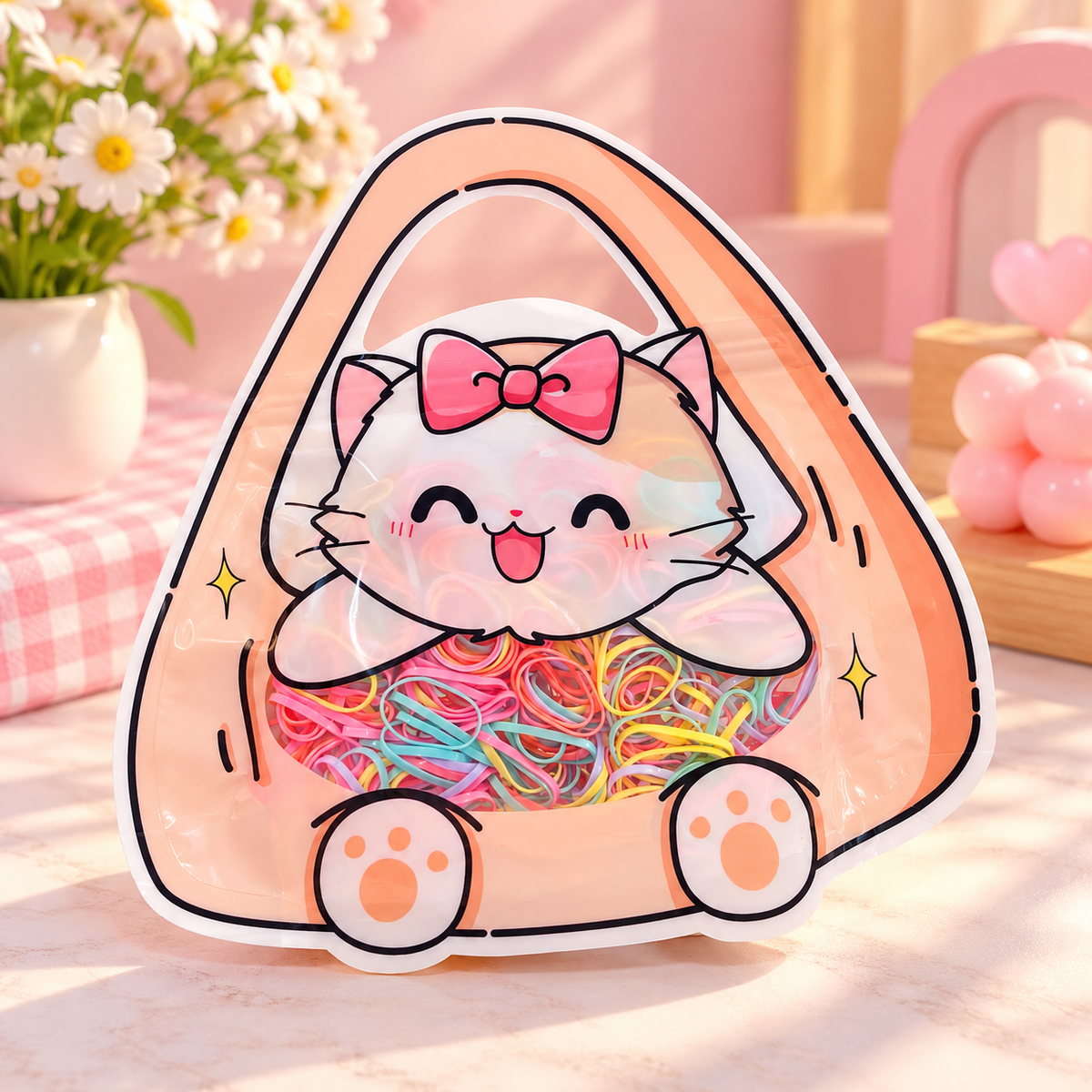 Cute Kawaii Hair Accessories Pouch with Disposable Elastic Hair Ties – Cat & Headphone Designs