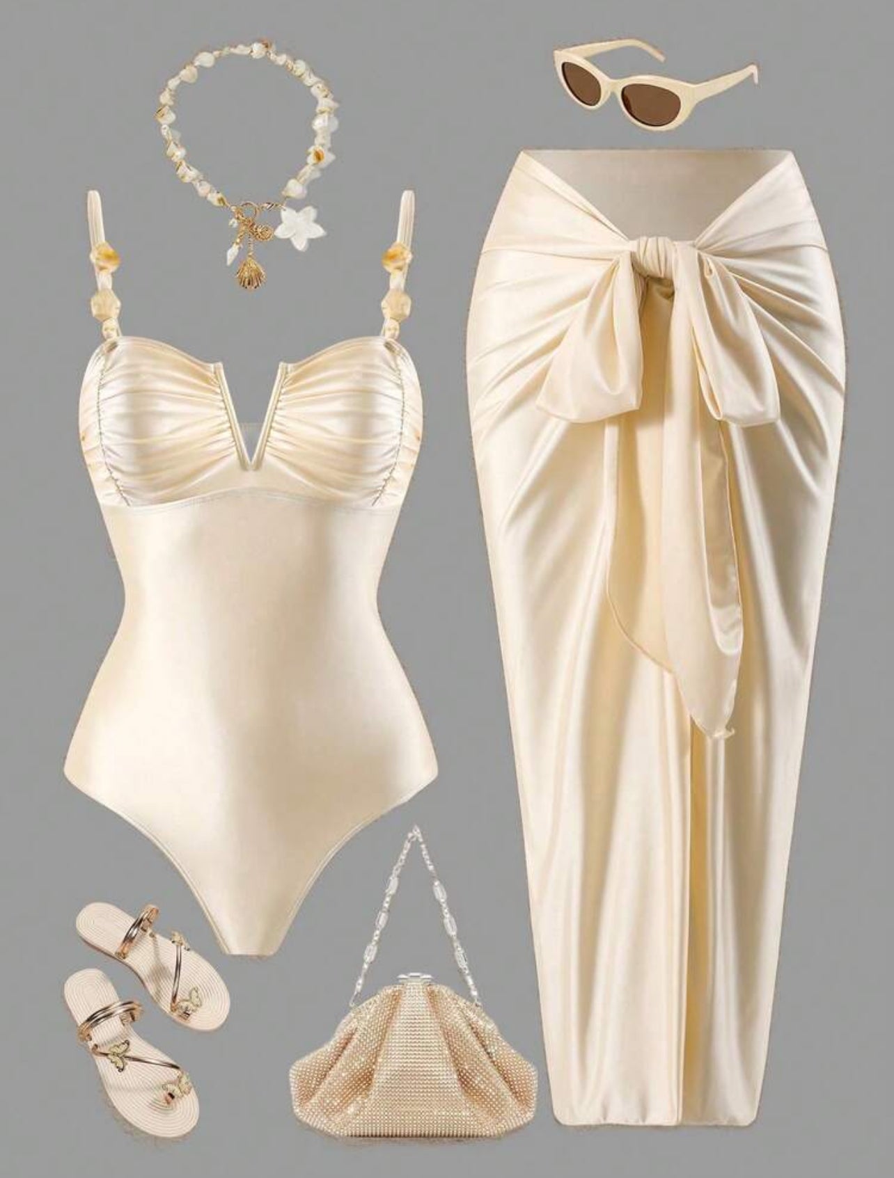 Swim Oasis 2026 New Women's Summer Beach Vacation High-End Beaded V-Neck Pleated Strapless Backless Solid Color Apricot Round High-Cut One-Piece Swimsuit With Long Skirt Side Tie - Large