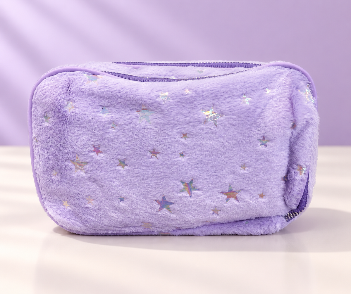 Fuzzy Star Print Double Compartment Pencil Case – Pink & Lavender