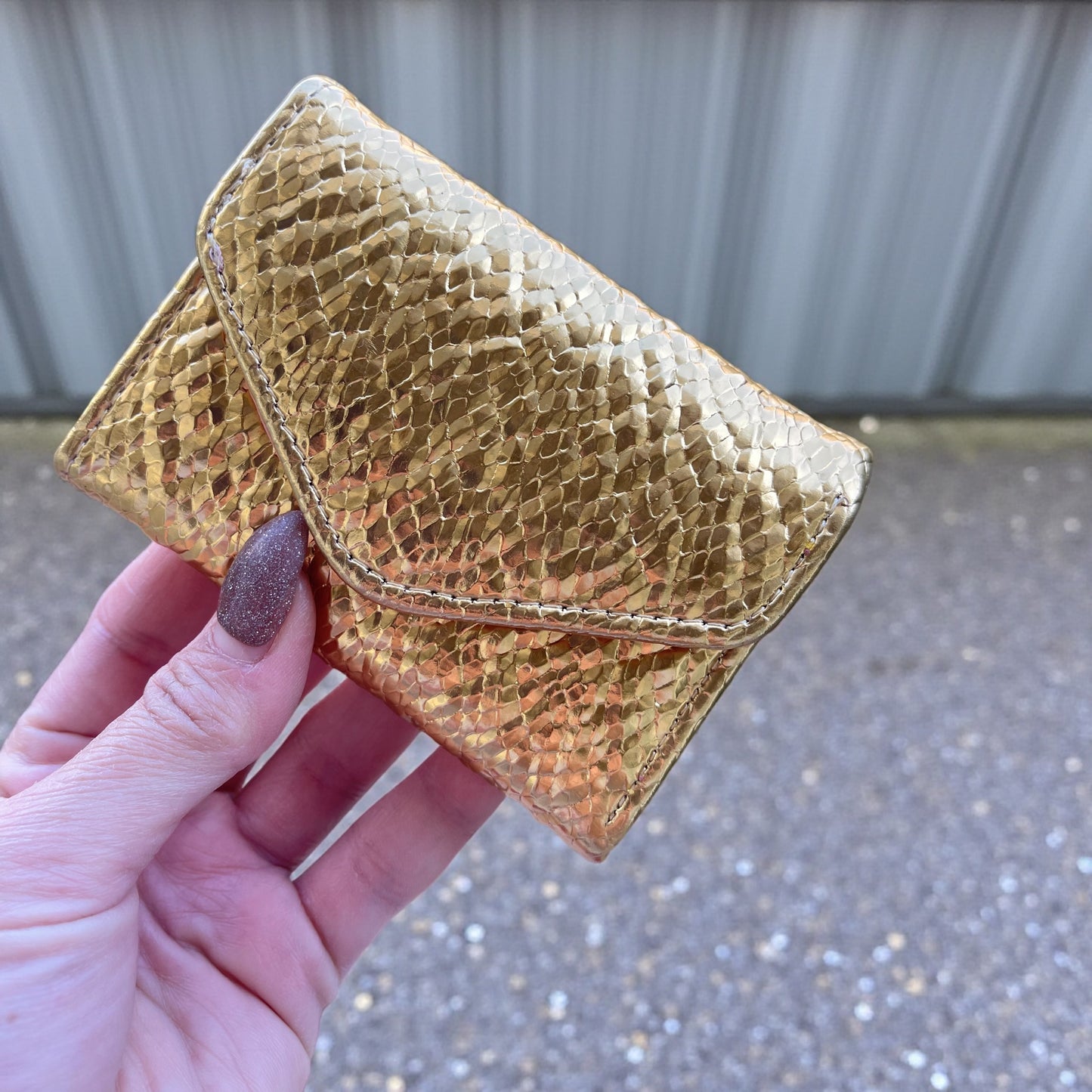 Metallic Snakeskin Mini Wallet – Compact Envelope Style Purse (Gold & Silver)