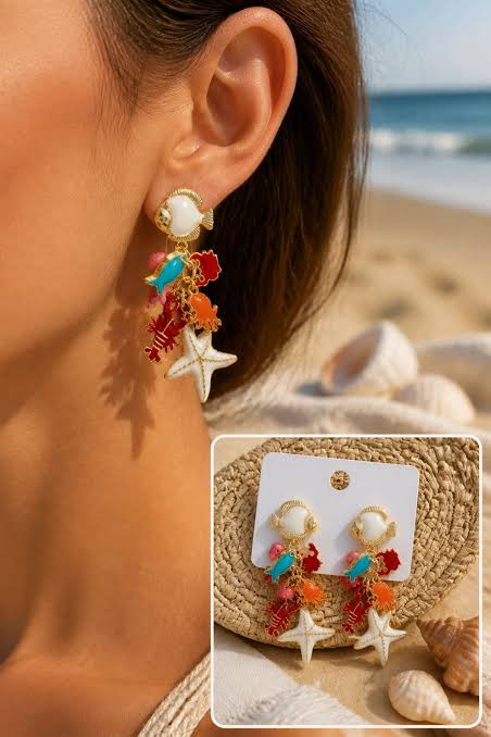 Ocean Charm Fish Drop Earrings – Gold Statement Earrings