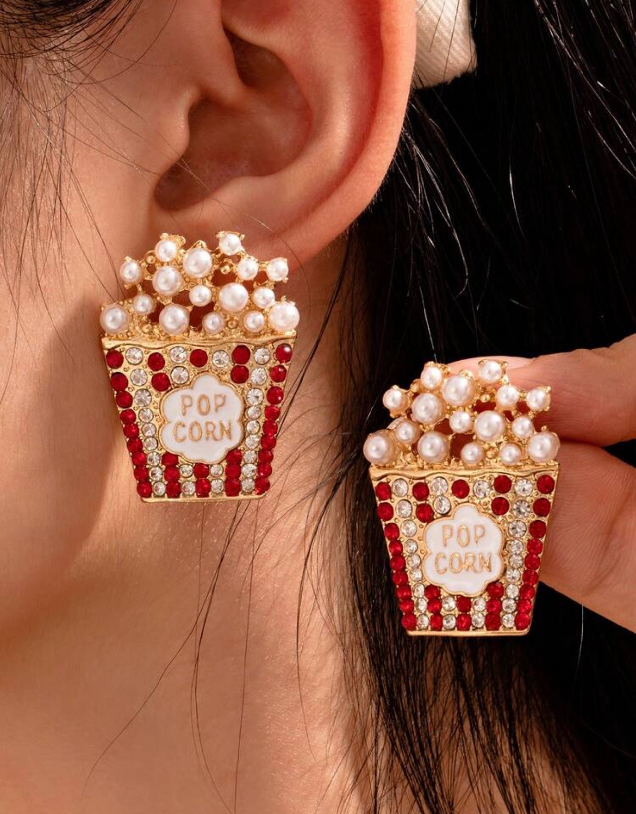 1 Pair Exaggerated Rhinestone & Faux Pearl Popcorn Design Stud Earrings, Suitable For Dates, Shopping, Parties, Celebrations And New Year