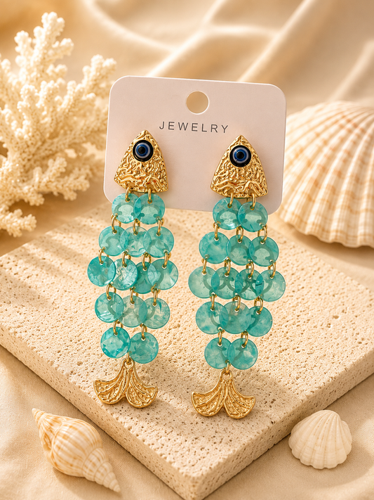 Mermaid Disc Tassel Earrings with Evil Eye Stud – Gold Statement Earrings
