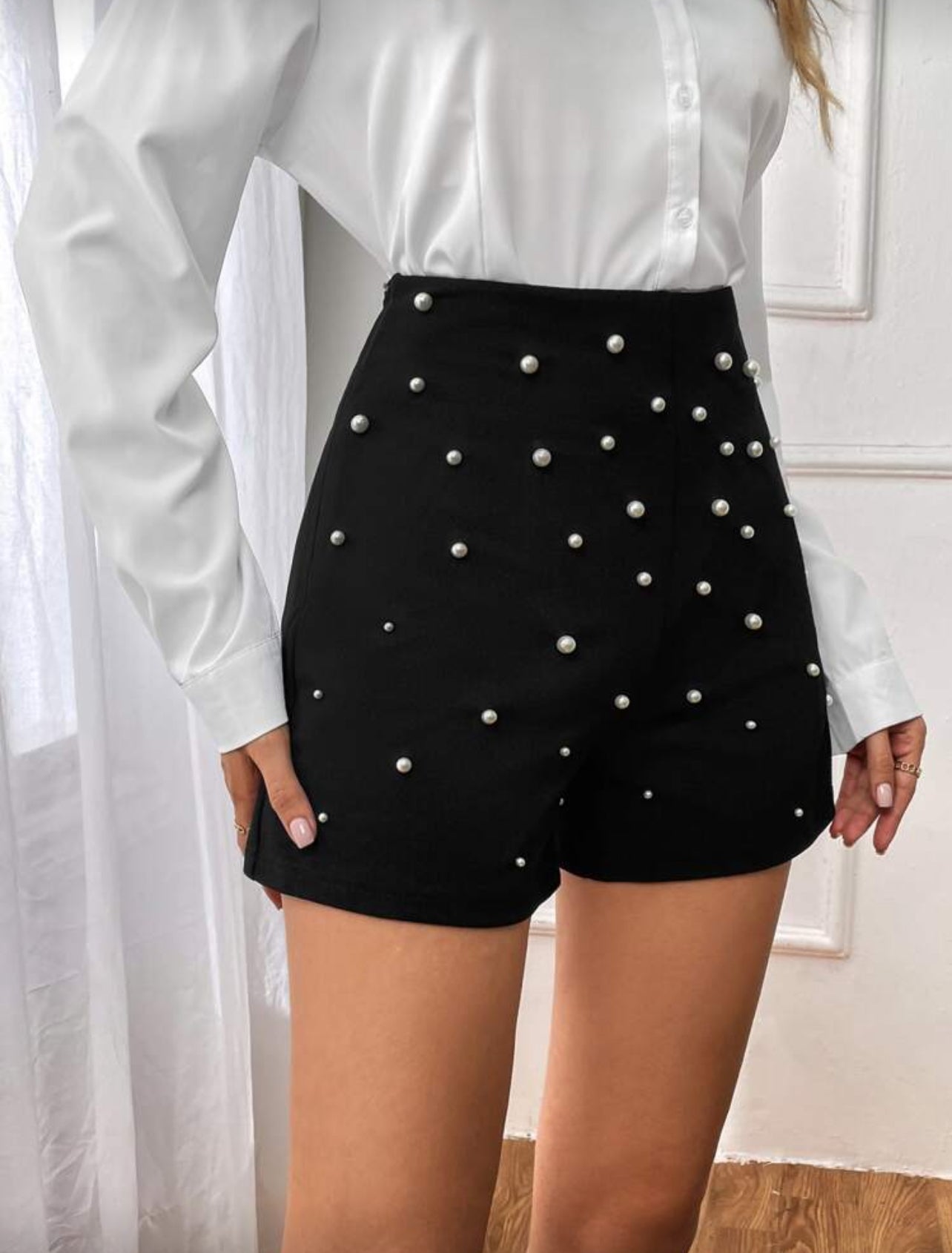 Firerie Pearls Beaded High Waist Black Shorts - Medium