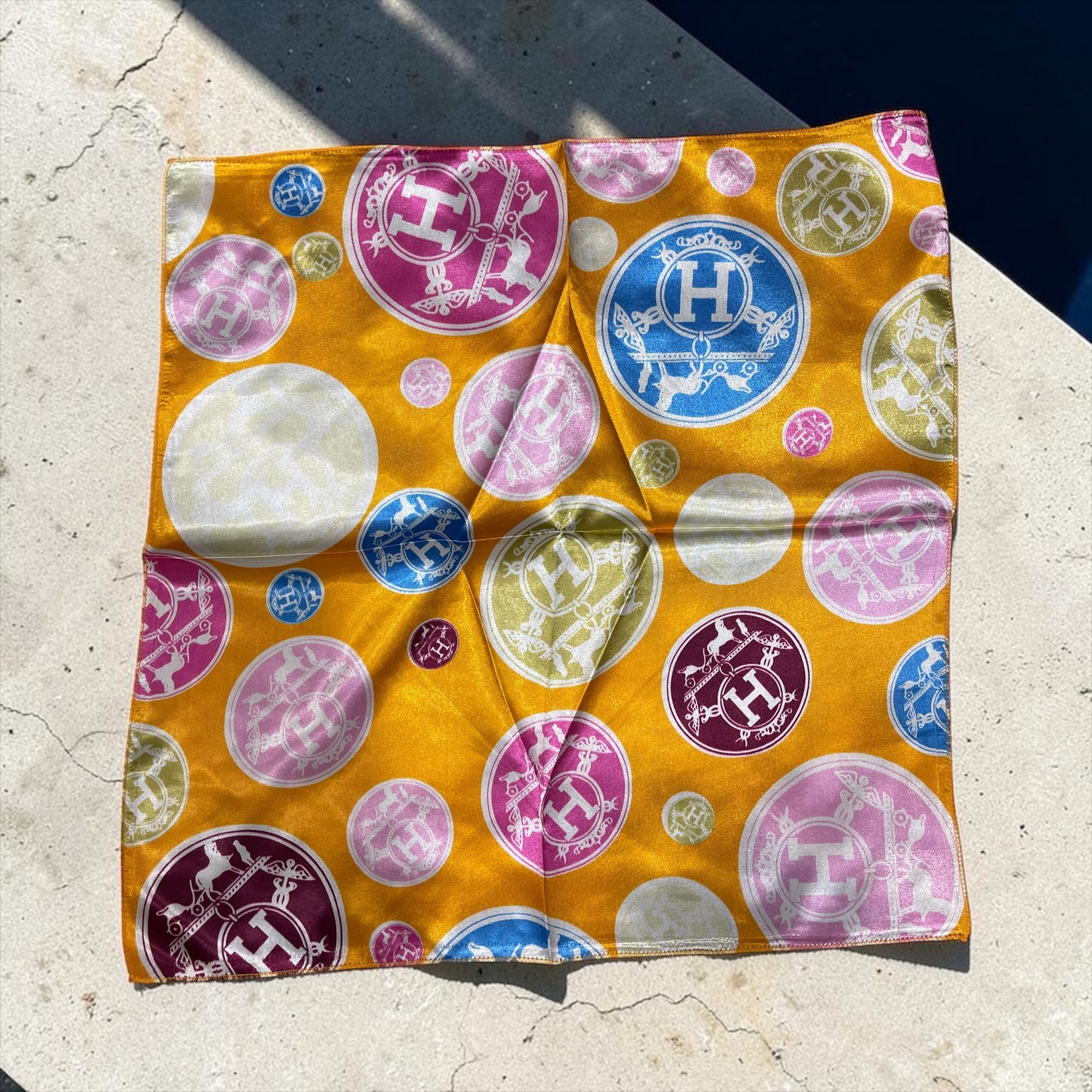Luxury Printed Silk Square Scarf – Multicolor Monogram Pattern (Small Neck Scarf)