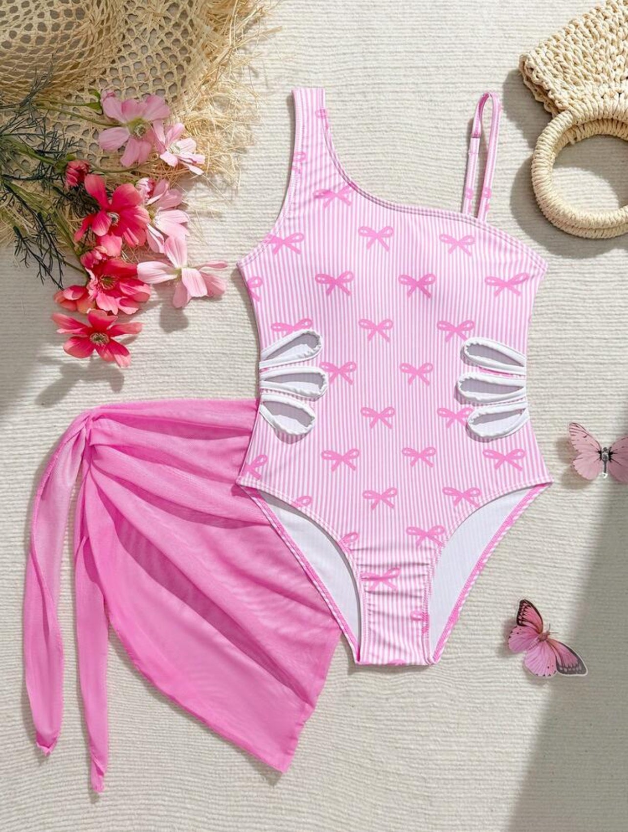 SHEIN Tween Girl Pink Striped Bow One-Piece Swimsuit And Mini Skirt Set