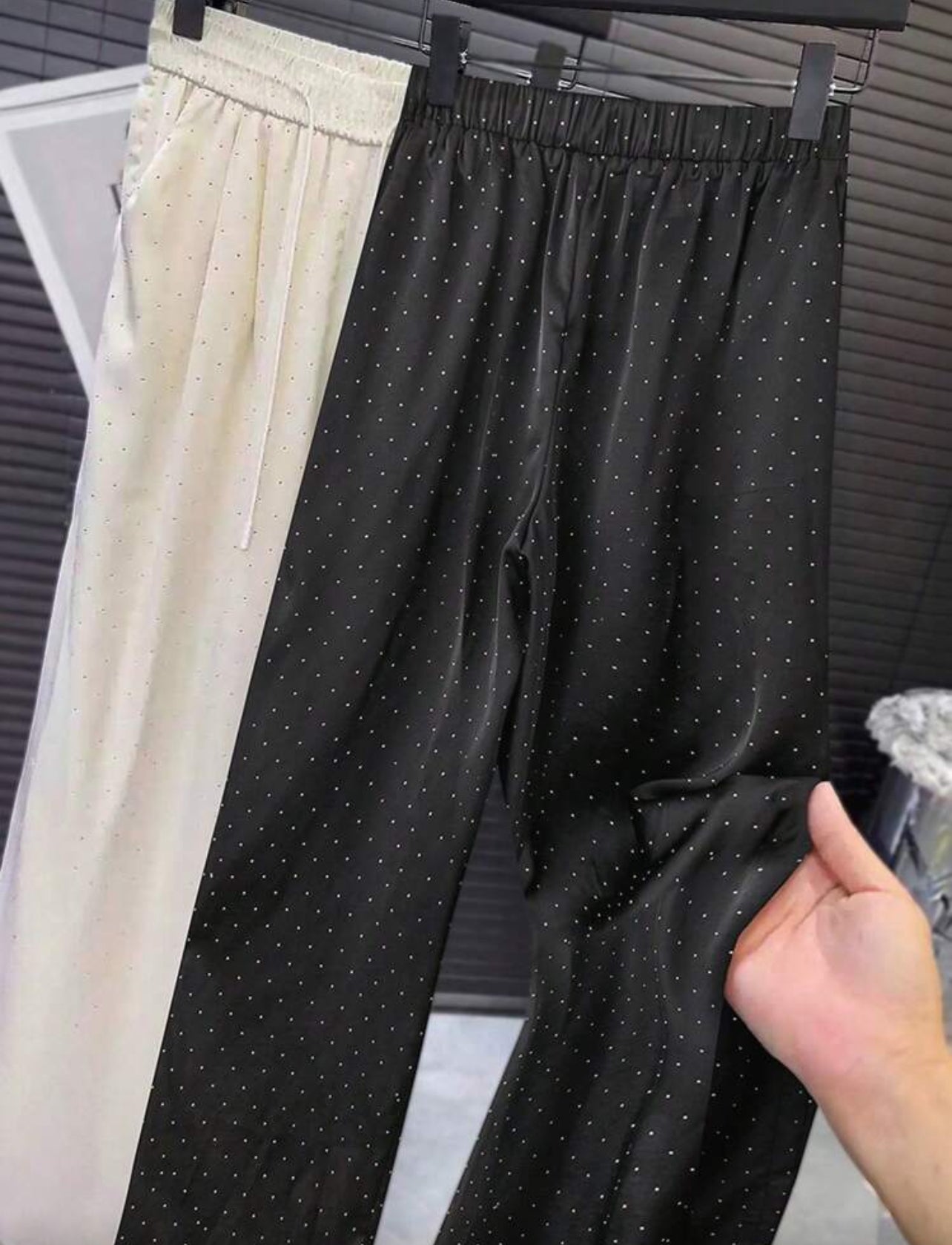 Franclia 1pc Ladies High Waist Rhinestone Satin Elastic Waist Drawstring Loose Straight Leg Pants Fall Cloth For Women - Medium
