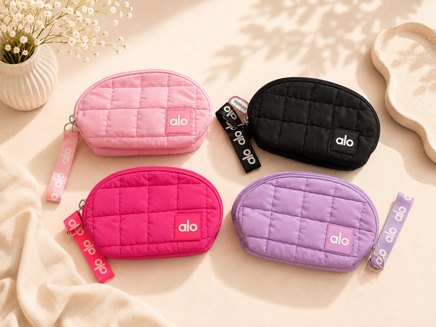 Alo Quilted Makeup Bag – Soft Cosmetic Pouch with Wrist Strap (Multiple Colors)