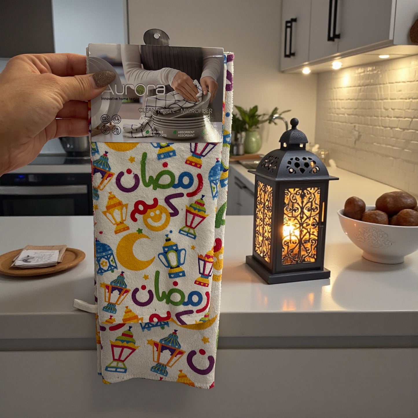 2Pcs Ramadan Kareem Microfiber Kitchen Towels – Festive Absorbent Dish Towels with Islamic Lantern & Crescent Prints