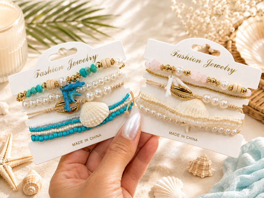 Boho Beach Pearl & Turquoise Layered Bracelet Set