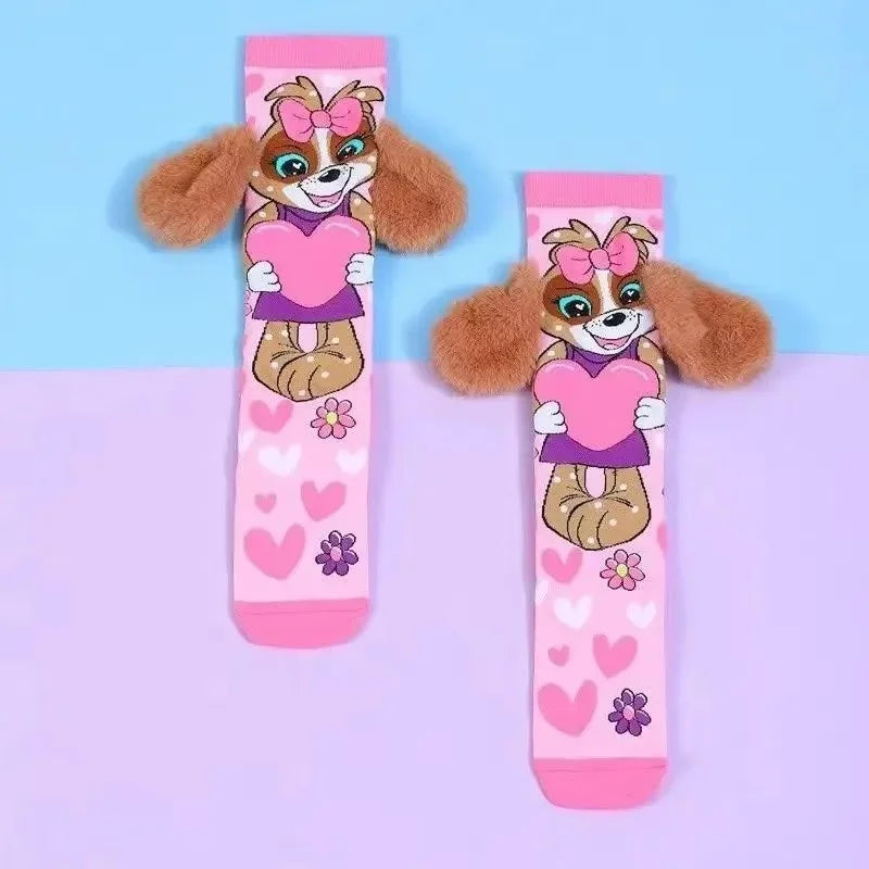 Girls’ Cute Puppy Knee-High Socks with 3D Fluffy Ears – Pink