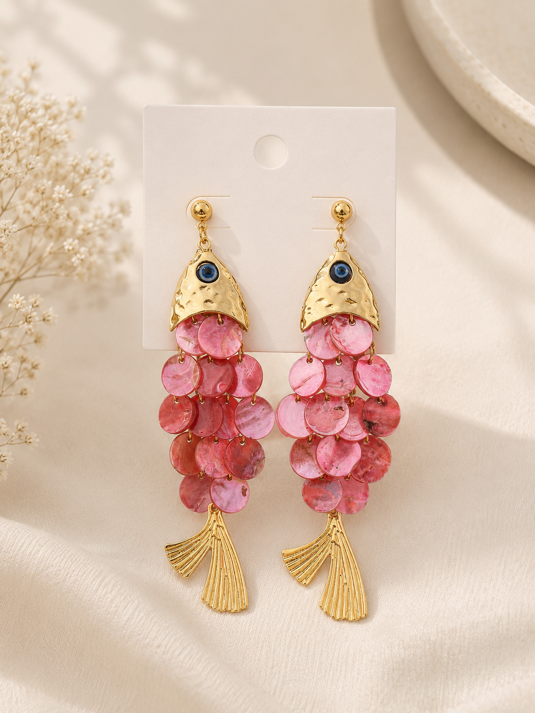 Evil Eye Gold Fish Drop Earrings – Statement Shell Disc Earrings     Hurry! Limited Pieces Available