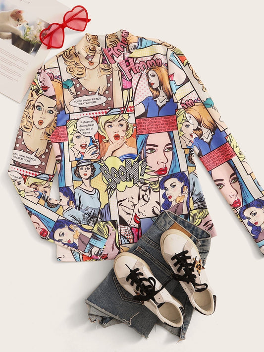 SHEIN Mock Neck Comic Print Tee - S,M
