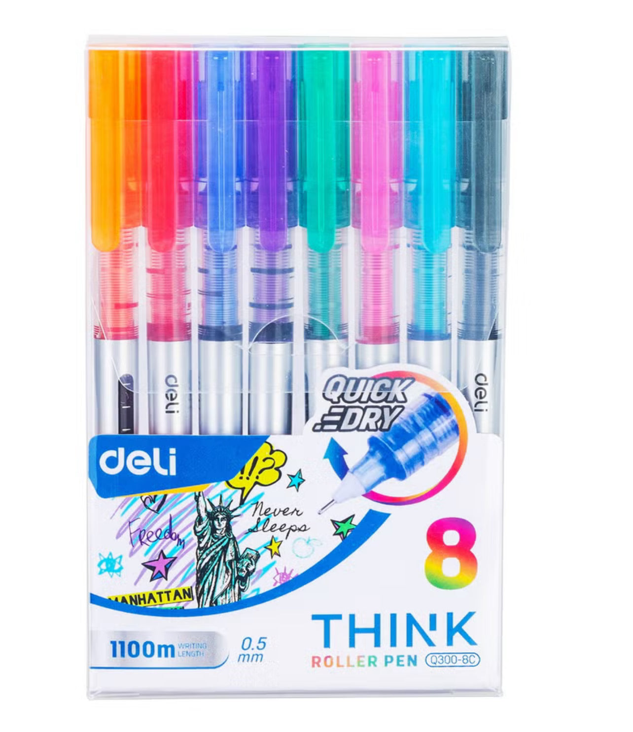 8-Piece Needle Tip Roller Pen 0.5mm Tip Multicolour