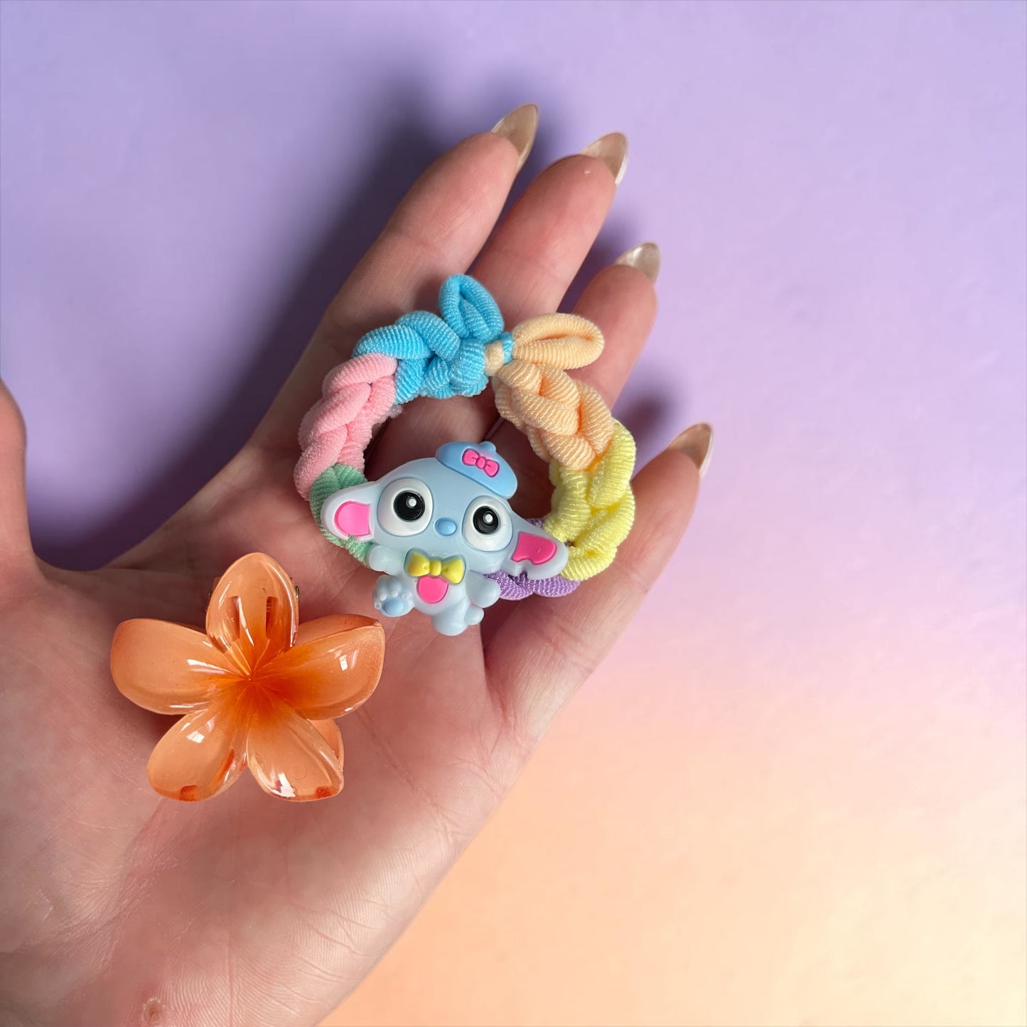 Cute Cartoon Braided Hair Tie & Flower Claw Clip Set