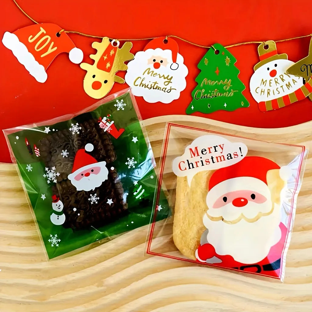 100Pcs Christmas Santa Claus self adhesive clear cookies bag