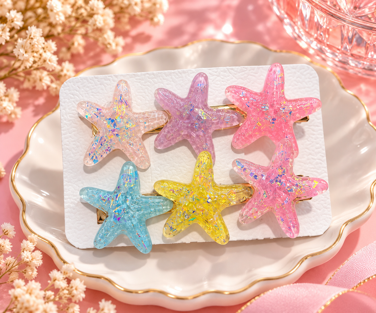 Glitter Starfish Hair Clips – 2 Pcs, Random Colors