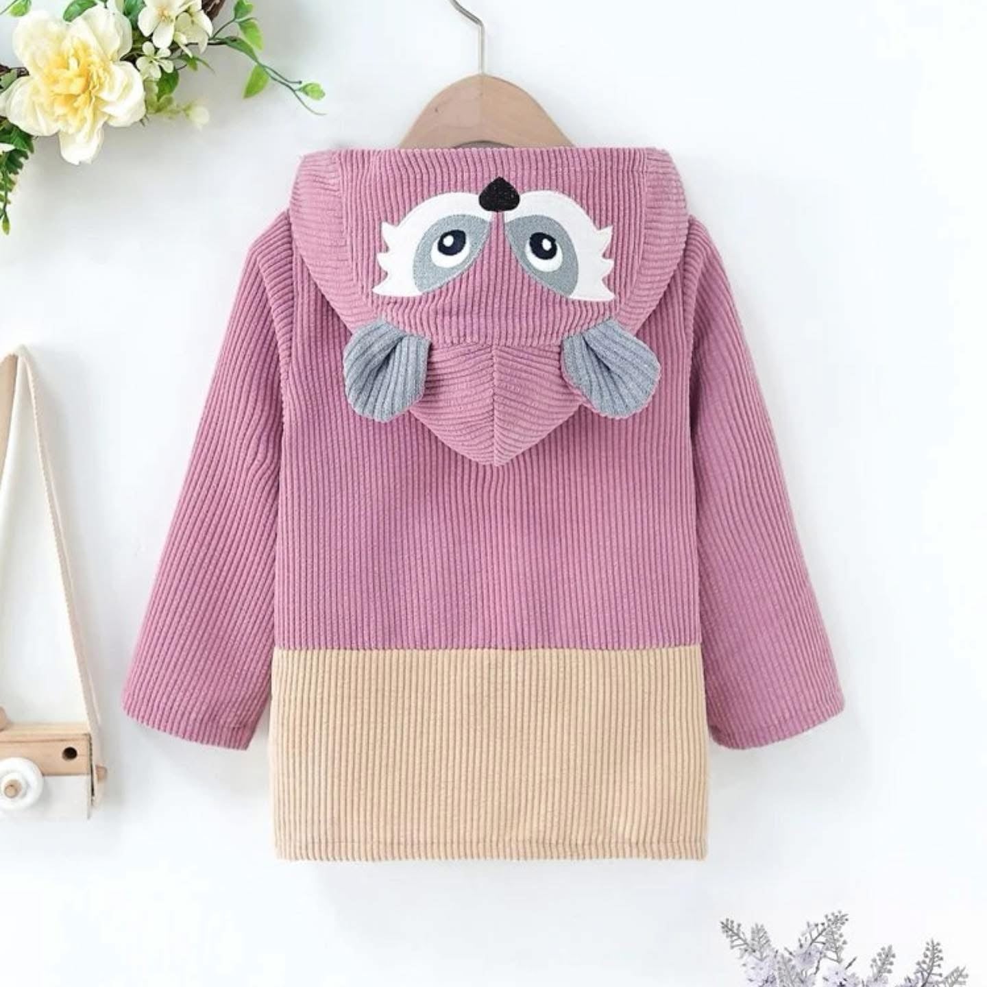 Last Piece! Toddler Girls 3D Ear Animal Embroidery Pocket Front Corduroy Coat - 5Y