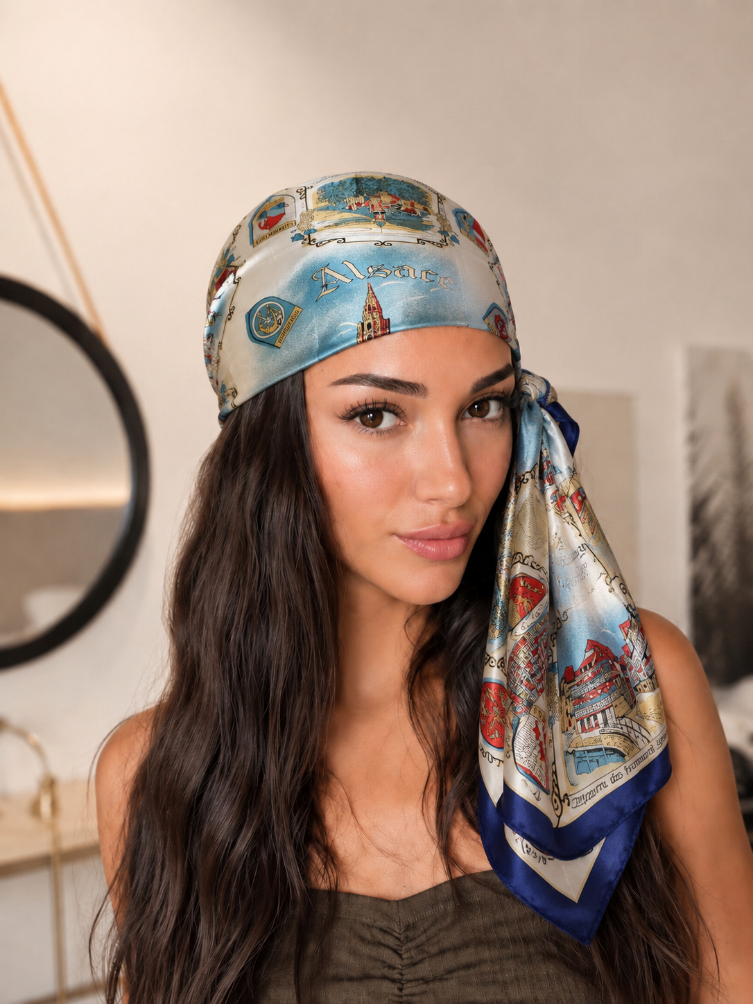 Vintage Alsace Print Satin Square Scarf – 100 × 100 cm | Luxury Silk Feel | Navy Blue
