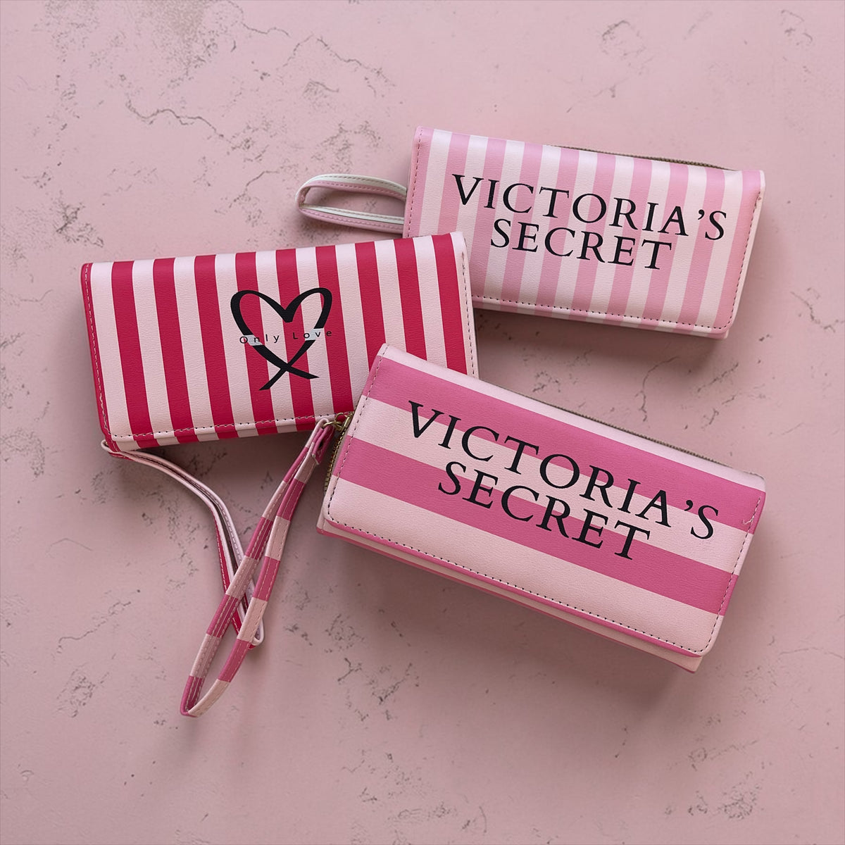 Victoria’s Secret Style Striped Long Wallet with Zipper & Wrist Strap