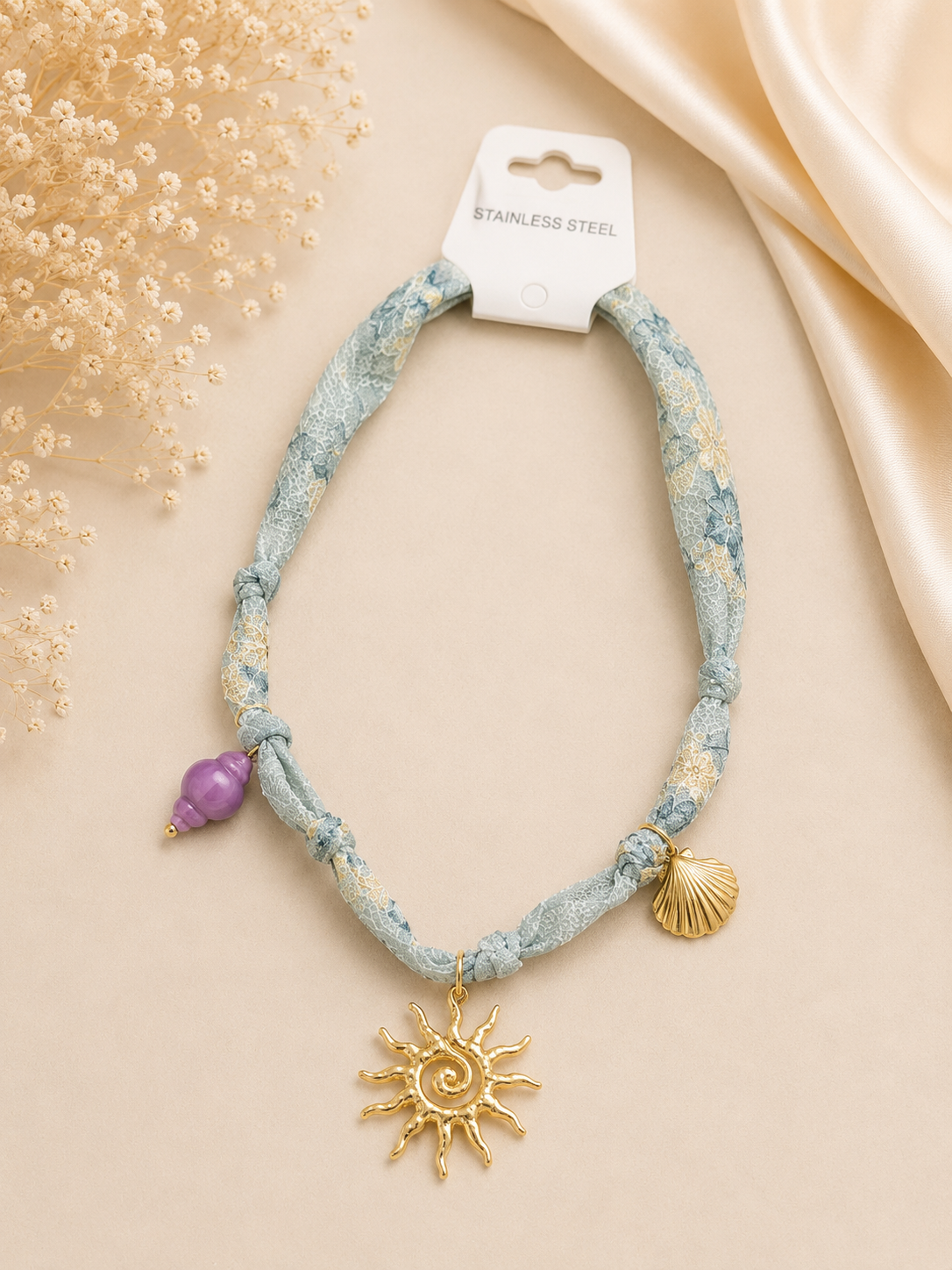 Coastal Sun Charm Fabric Necklace