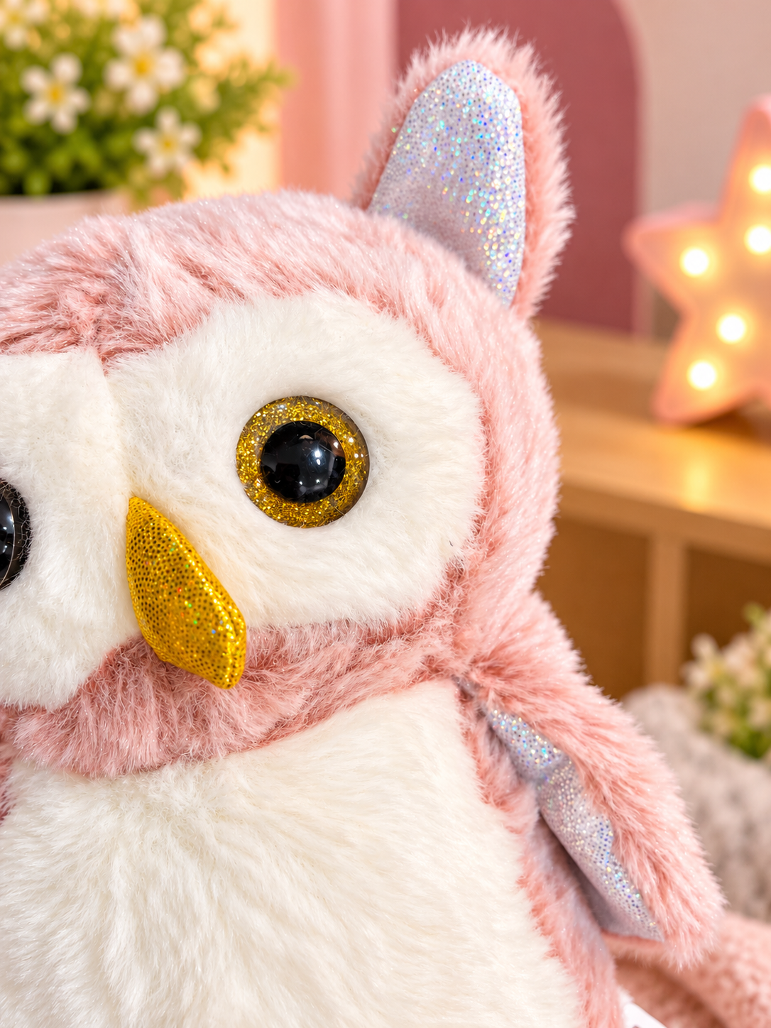 Pink Plush Owl Soft Toy with Glittery Gold Details – 27 × 15 cm