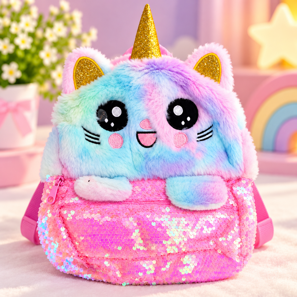 Girls’ Pastel Unicorn Cat Sequin Backpack
