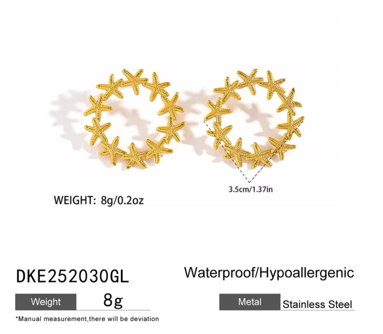 Stainless Steel Starfish Earrings for Women Beach Vacation 18K YELLOW GOLD Vacuum Electroplating