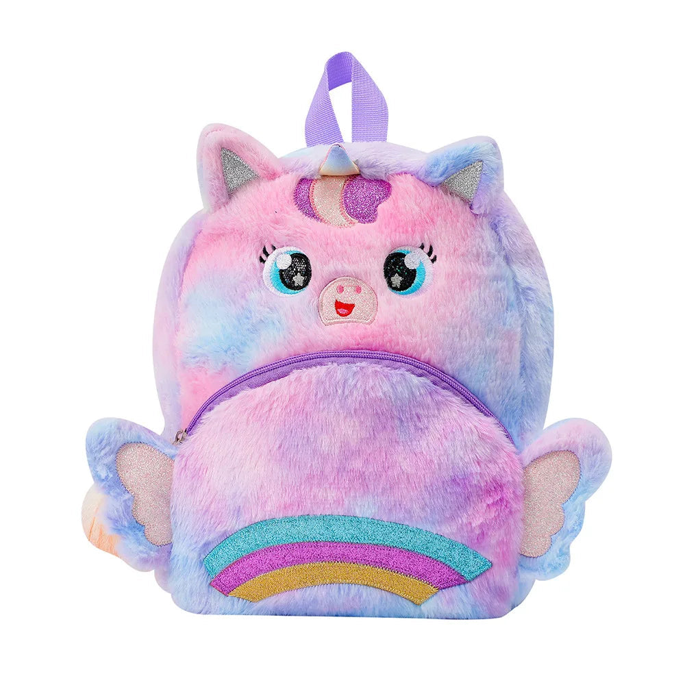 Pastel Unicorn Plush Backpack for Girls – Soft Furry Rainbow School Bag