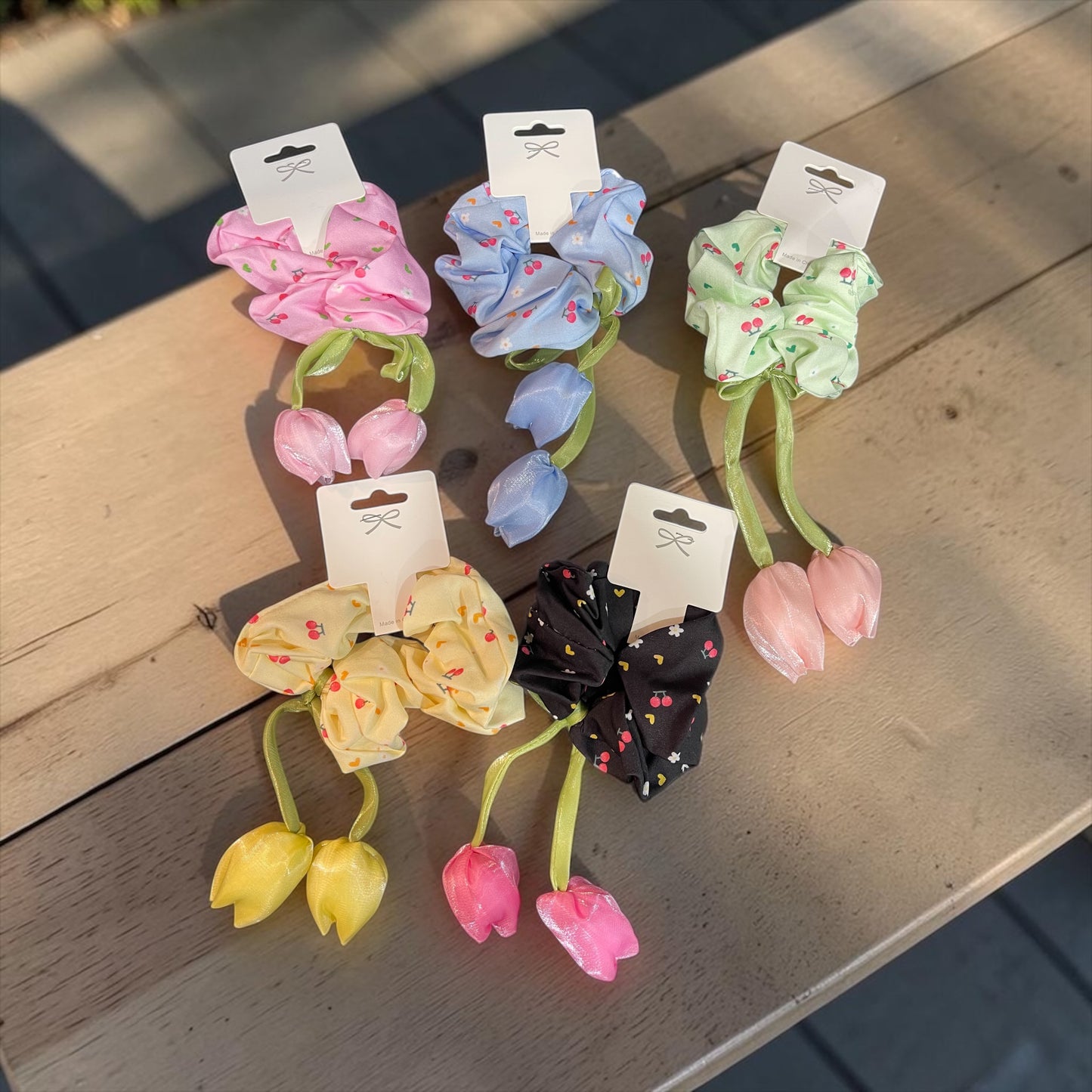 Cherry Blossom Scrunchie with Tulip Tassels – Cute Floral Hair Tie