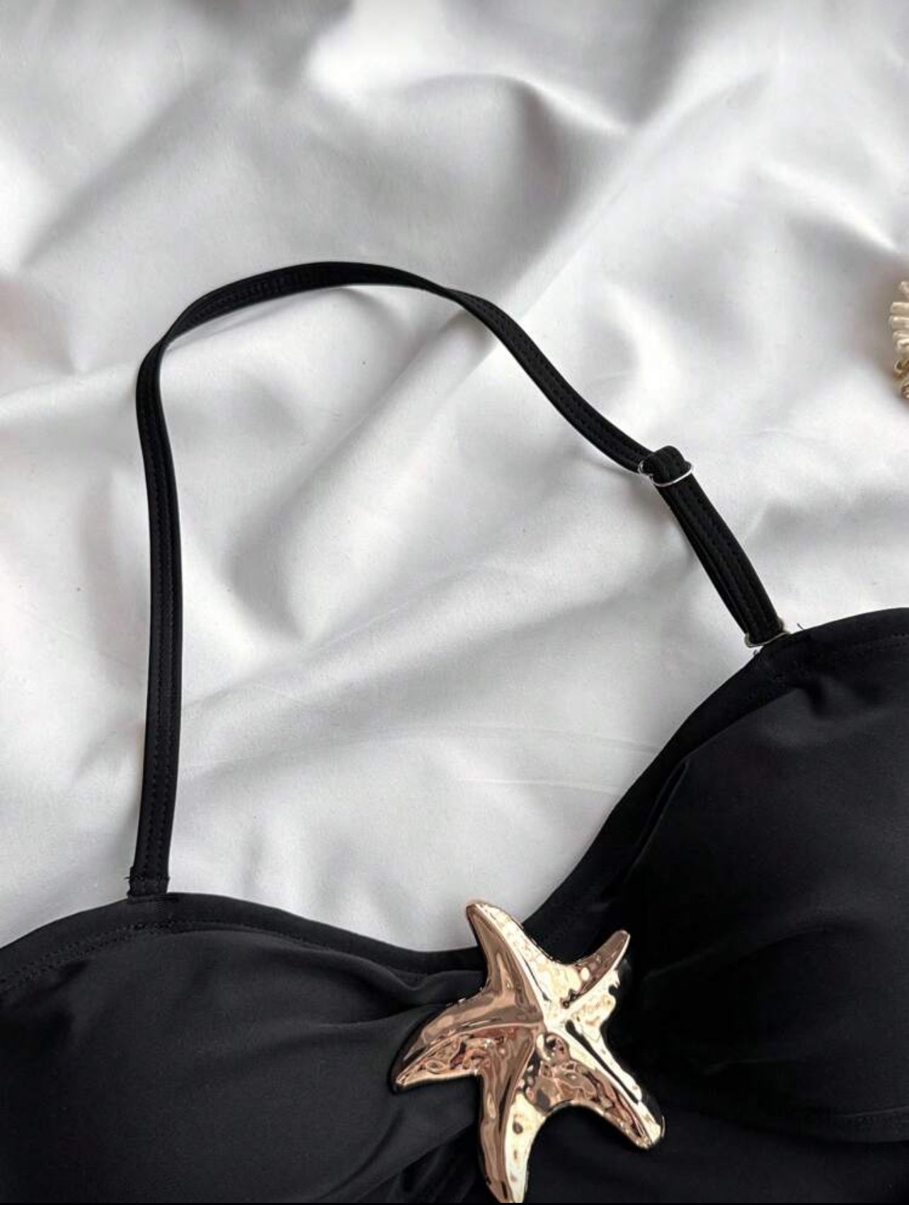 SHEIN Teen Girls Black 1pc Detachable Strap Hollow Starfish Accent Ruched One-Piece Swimsuit Summer,Beach - 15Years