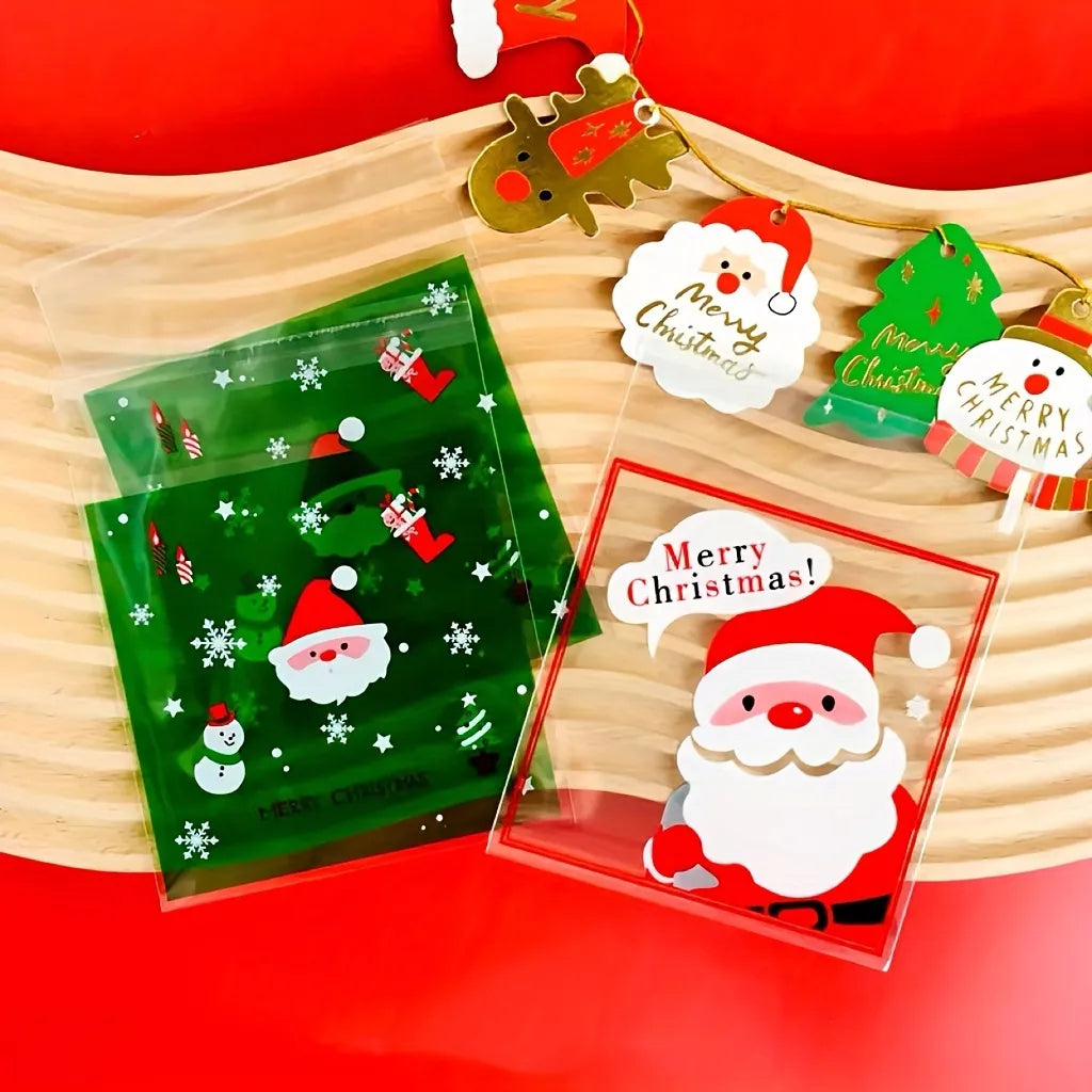 100Pcs Christmas Santa Claus self adhesive clear cookies bag