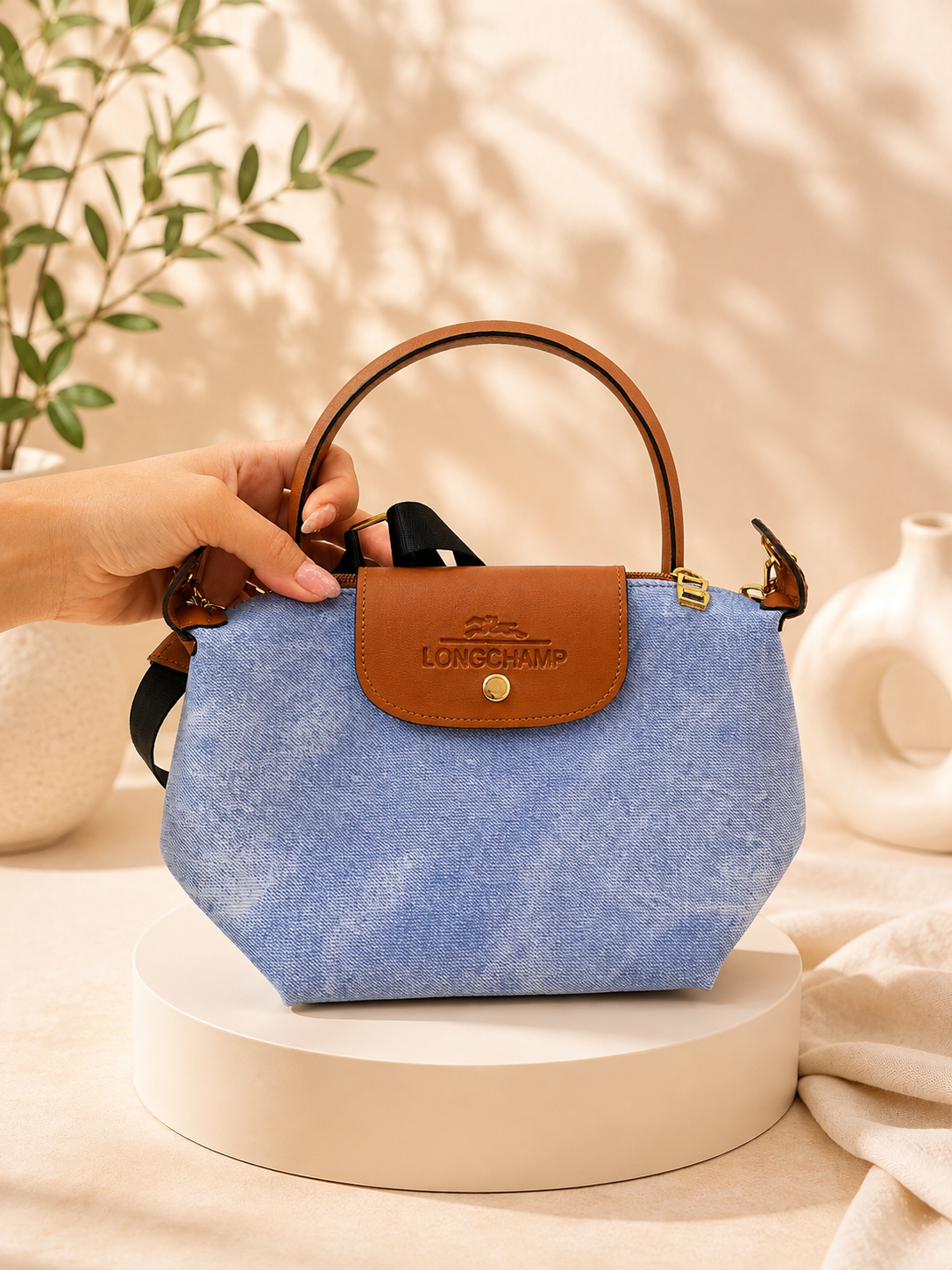 Longchamp Style Denim Crossbody & Handbag – Blue