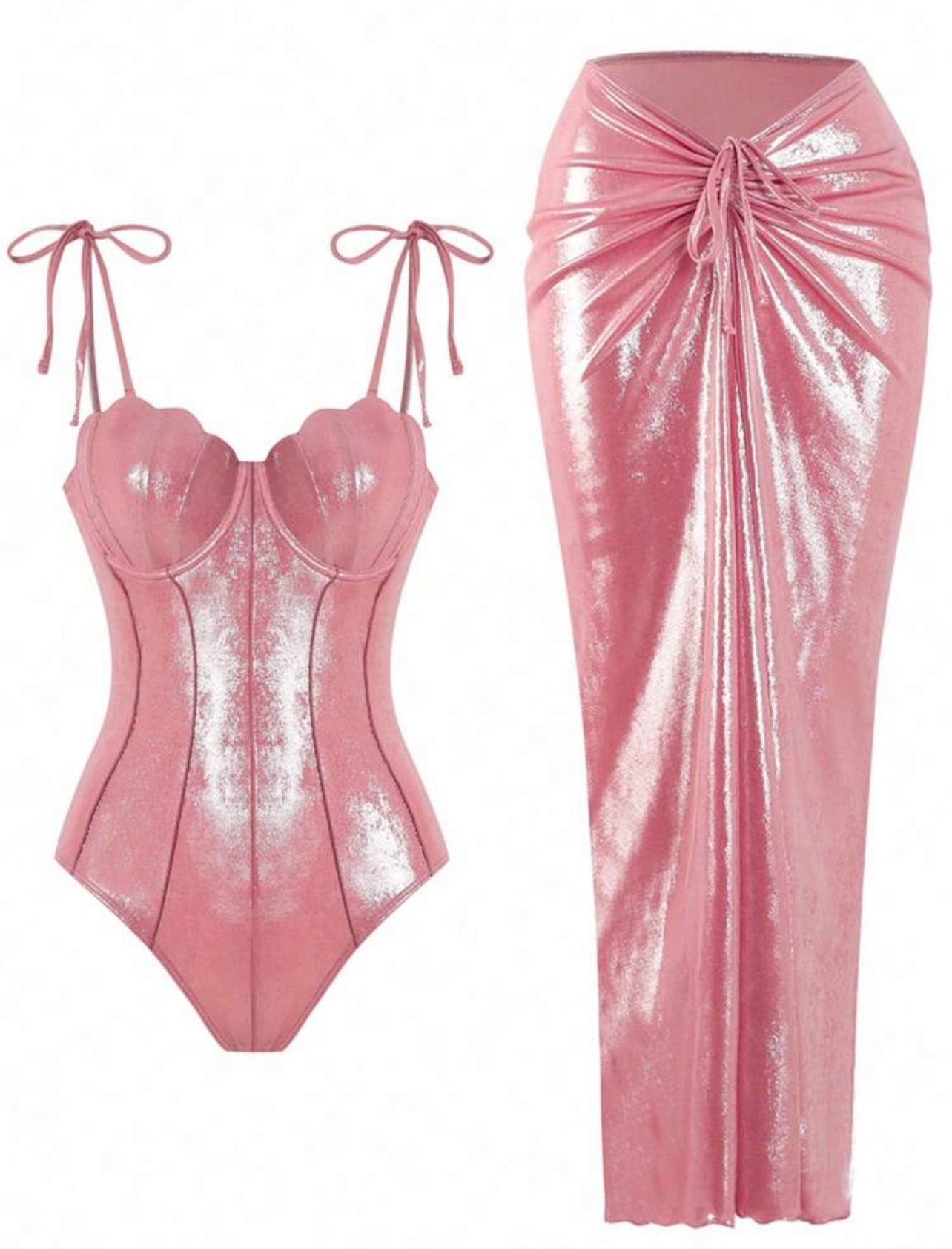 Swim Oasis 2pcs/Set Summer New Shiny Material Shell Decoration Push-Up Women's One-Piece Swimsuit,Pink,70s Retro,Beach Vacation,Holiday,Party,Holiday Bow