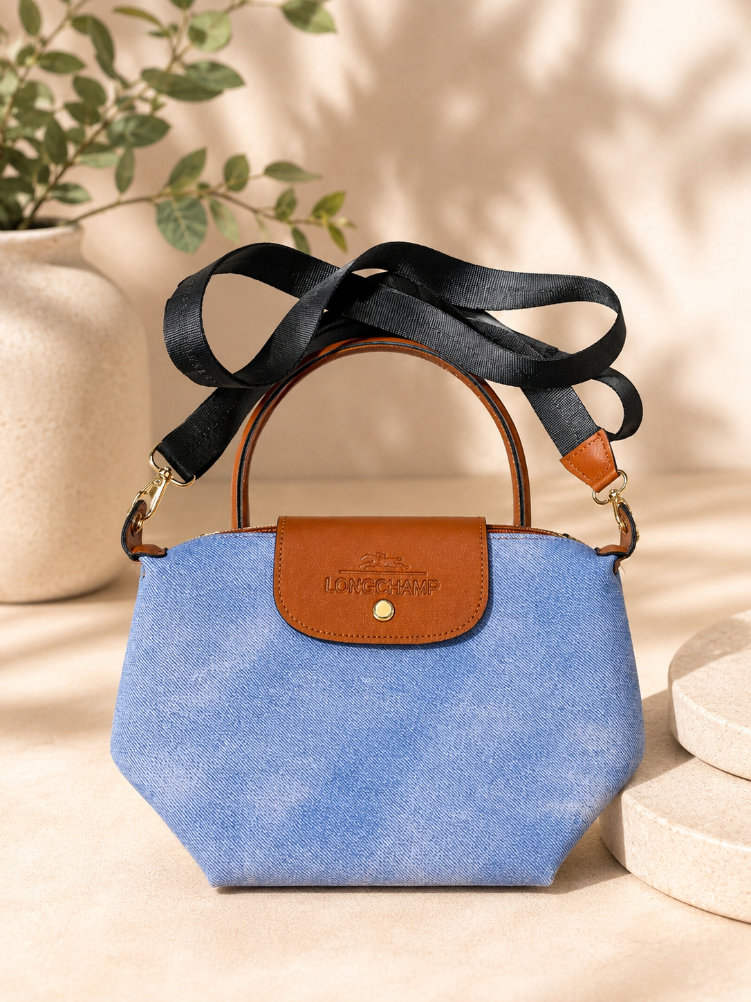 Longchamp Style Denim Crossbody & Handbag – Blue