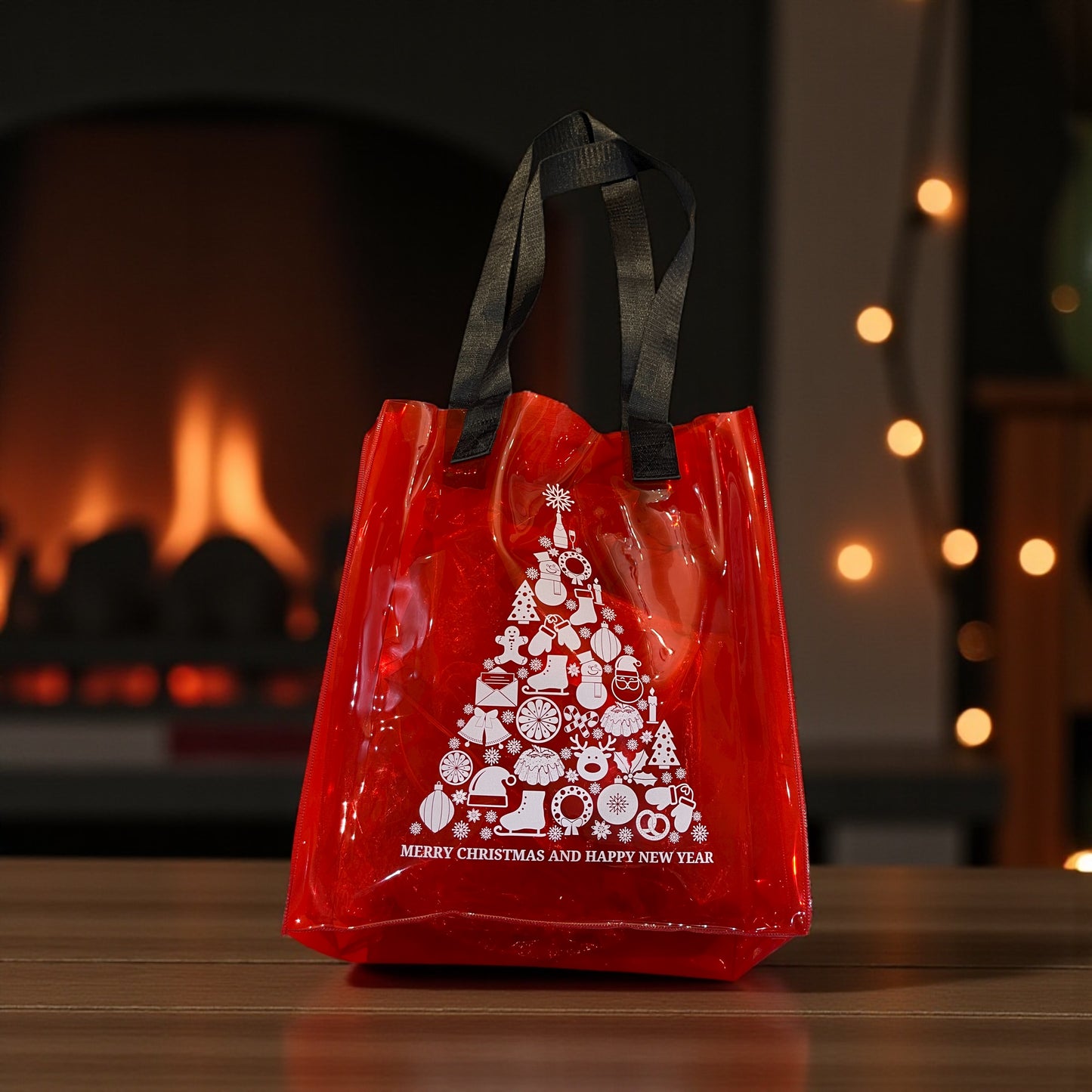 Red Christmas Transparent Tote Bag with Tree Print & Black Handles
