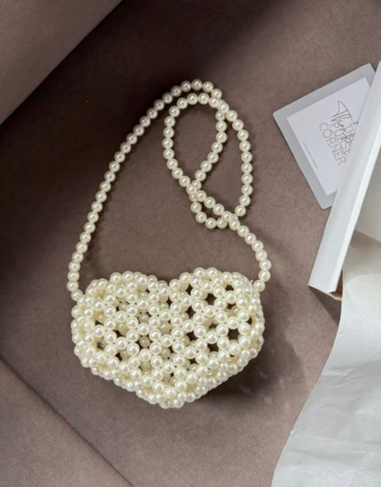 Handmade Heart-Shaped Pearl Beaded Crossbody Bag Elegant Mini Party Purse