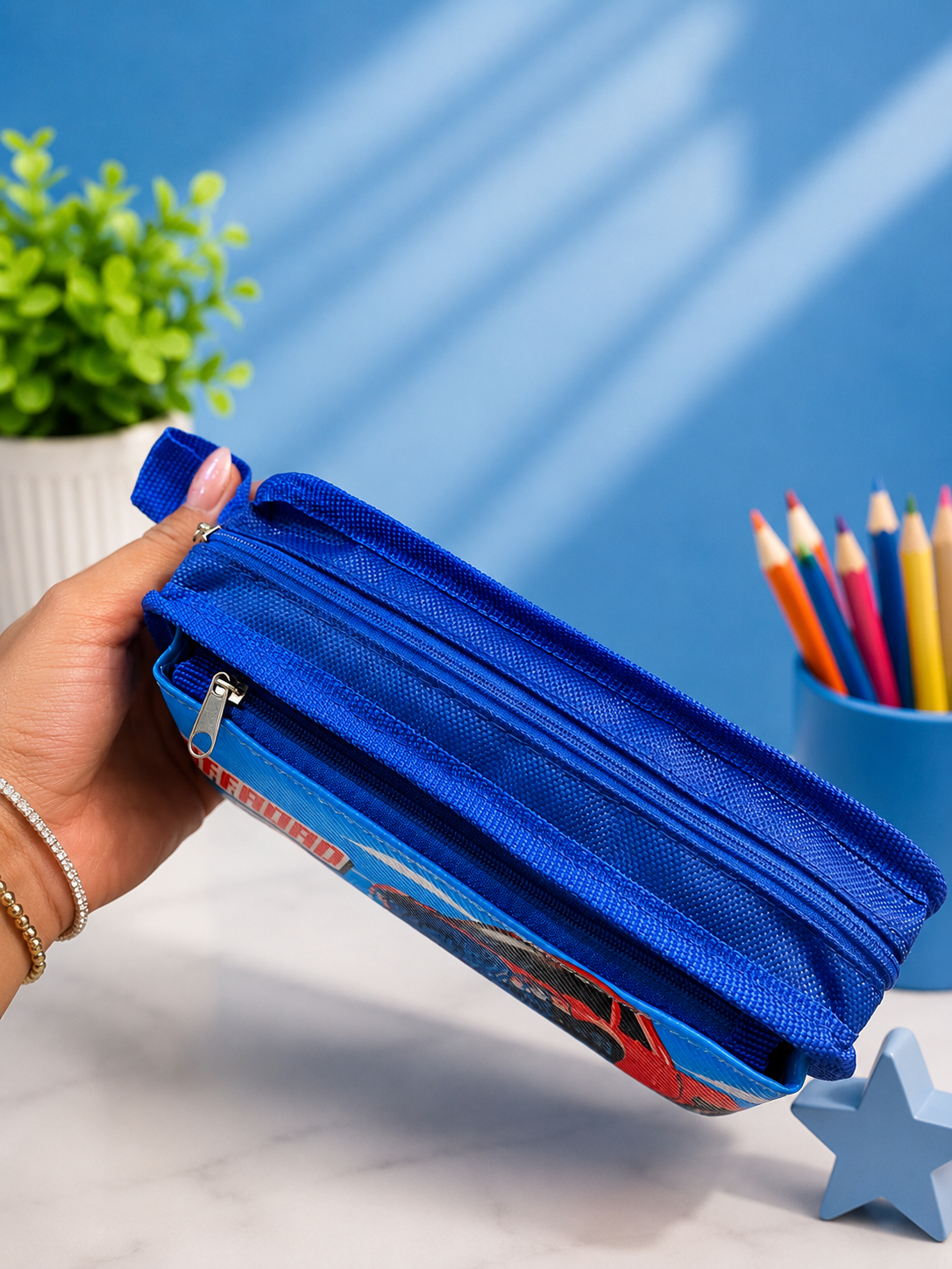 Kids Off-Road Car Pencil Case – Blue Double-Zip School Pouch