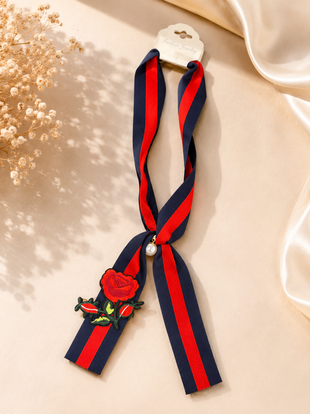 Navy & Red Striped Floral Embroidered Ribbon Scarf