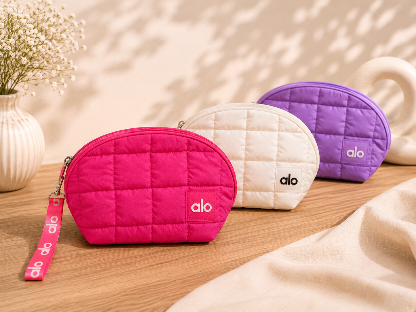 Alo Quilted Makeup Bag – Soft Cosmetic Pouch with Wrist Strap (Multiple Colors)