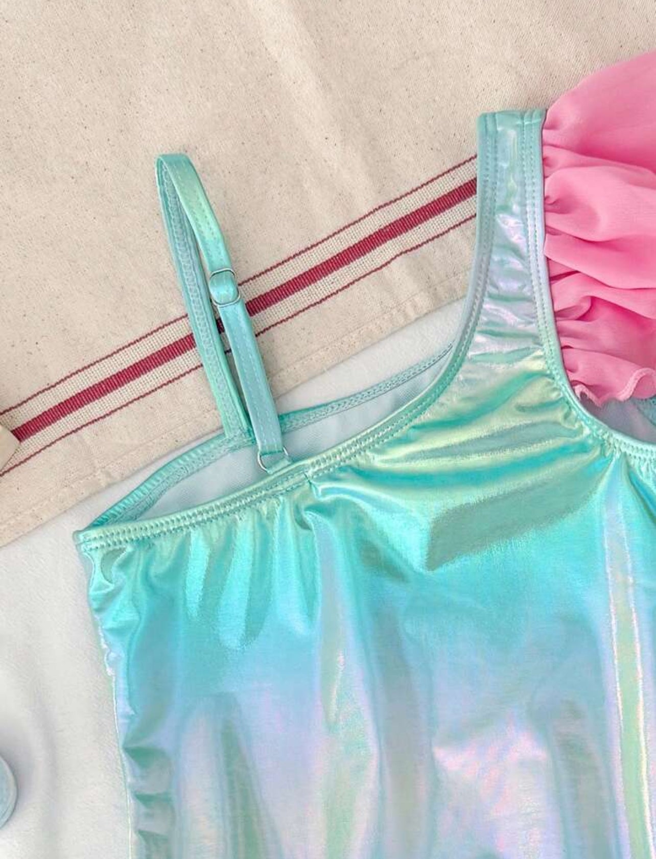 SHEIN Toddler Girl's Baby Pink Starfish Embroidered Pearl One-Piece Swimsuit With Tulle Skirt,One-Shoulder Puff Sleeve Quick-Drying Summer Beach Holiday
