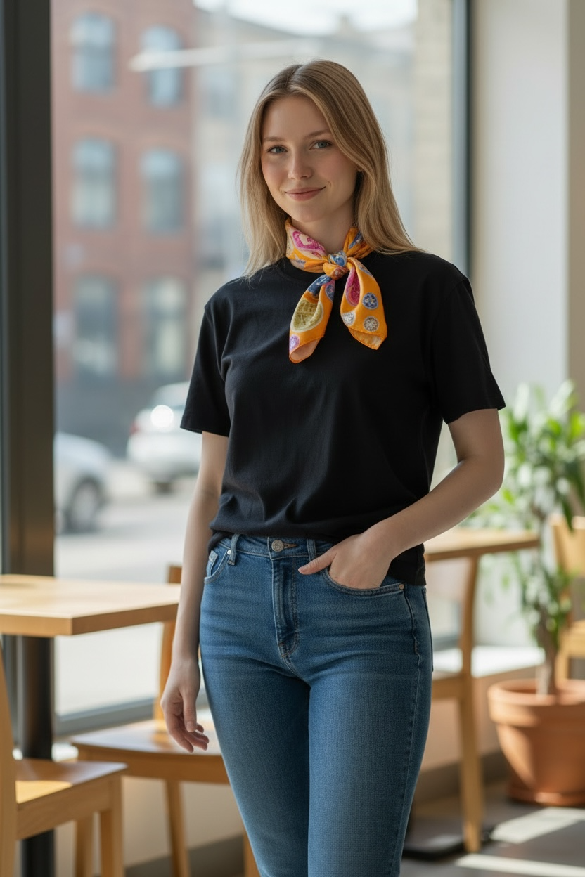 Luxury Printed Silk Square Scarf – Multicolor Monogram Pattern (Small Neck Scarf)
