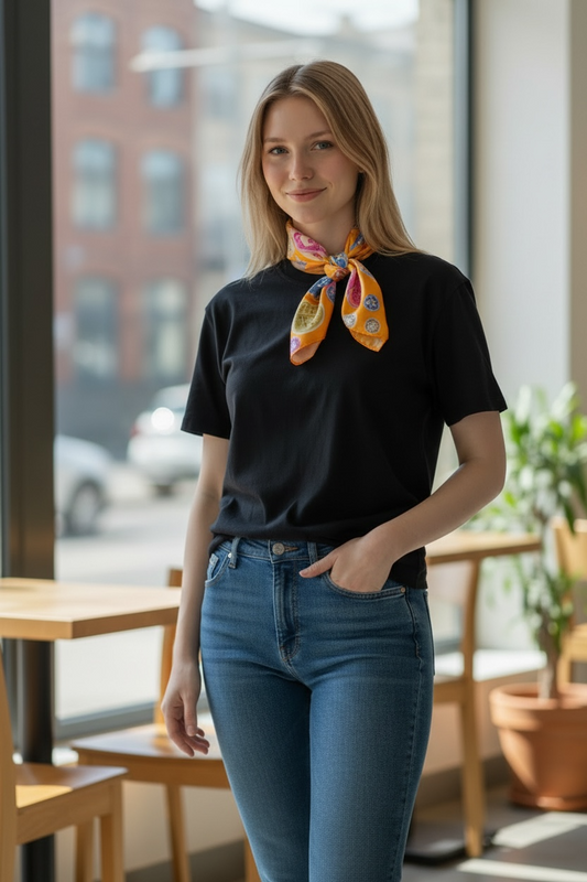 Luxury Printed Silk Square Scarf – Multicolor Monogram Pattern (Small Neck Scarf)